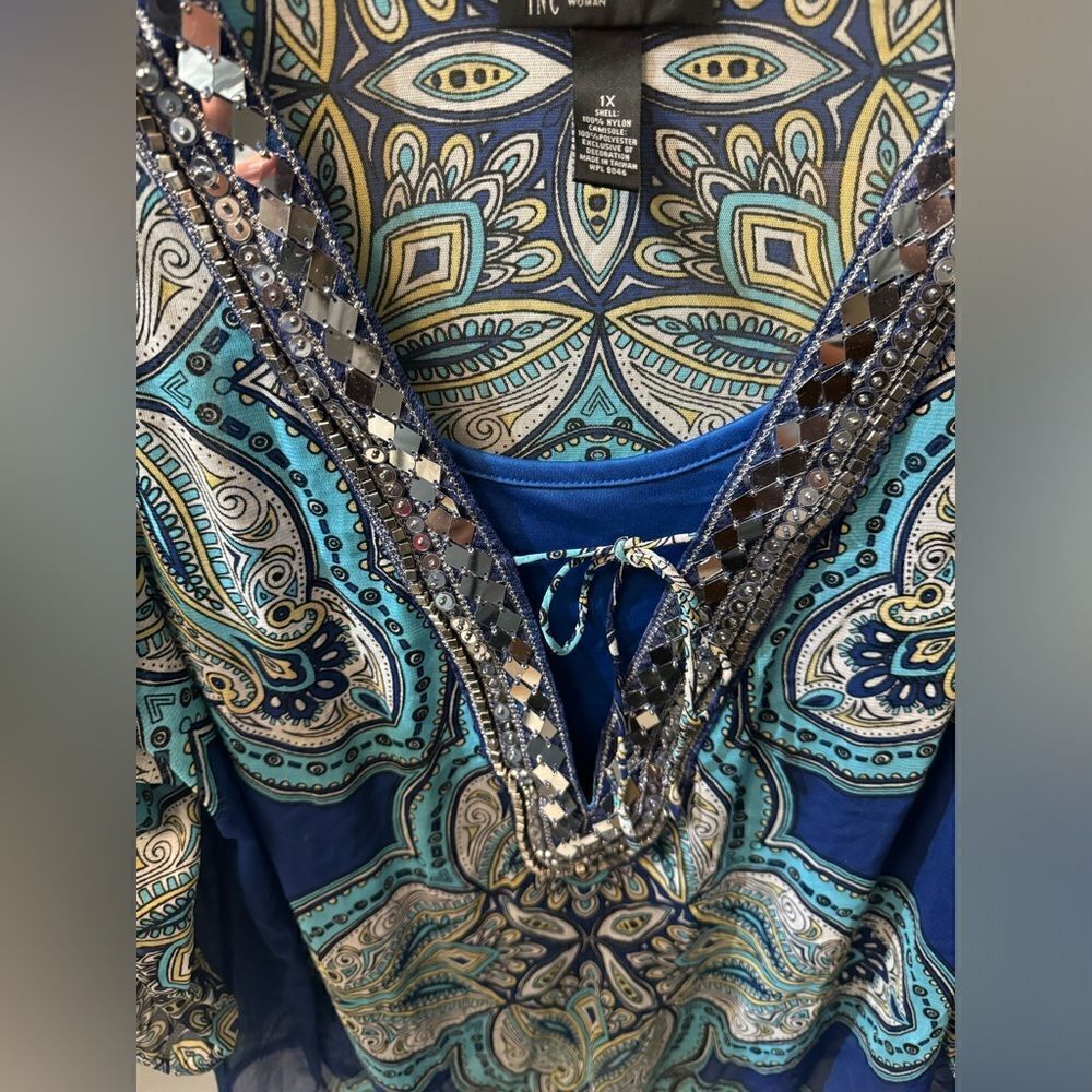 INC International Concepts Women beaded Boho Blouse with underslip Petite XL - Picture 2 of 10